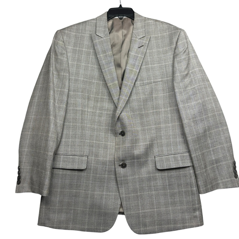 Calvin Klein Blazer Jacket Sport Coat Men's 42R Silk Wool‎ Plaid Tan Gray Glen